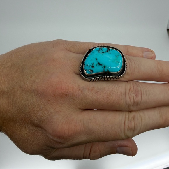 Native American Indian Sterling Silver Large Turquoise Ring - Size 11 - Picture 5 of 5